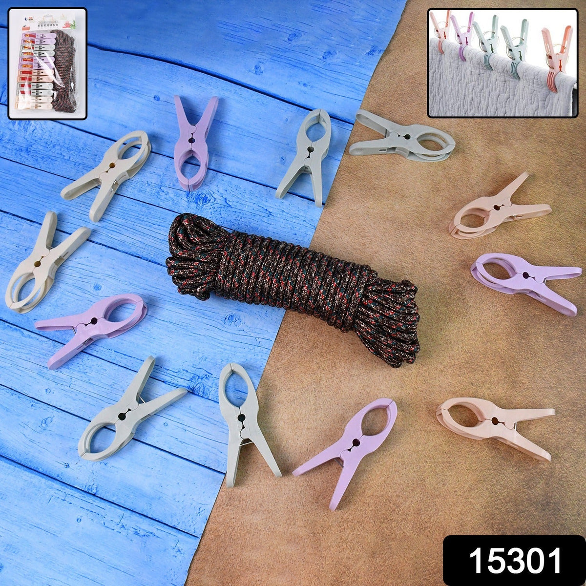 Cloth Drying Rope with 12 Clips